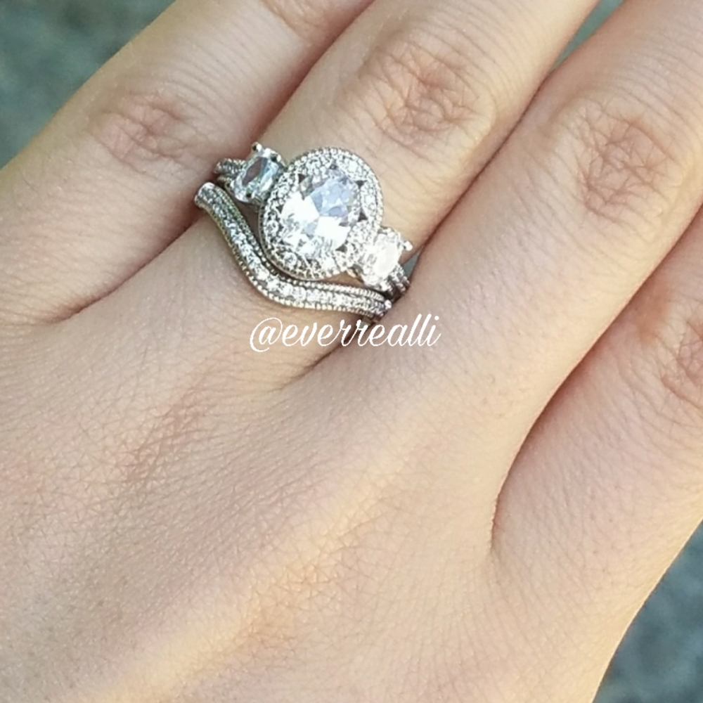 Silver Three Stone Oval Cut Fancy Halo Diamond Ring - Picture 7 of 8